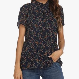 Navy blue floral short sleeved blouse